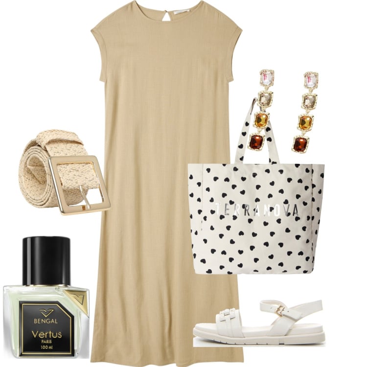 Outfit donna - Giugno. Stile Bon Ton per Ufficio. Abbinamento con profumi, cinture, vestiti lunghi, borse tote, orecchini, sandali.