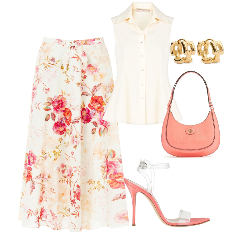 Outfit donna - Romantica. Stile Romantica per Serata fuori. Abbinamento con sandali in pelle, gonne longuette, camicie, borse a spalla, orecchini.