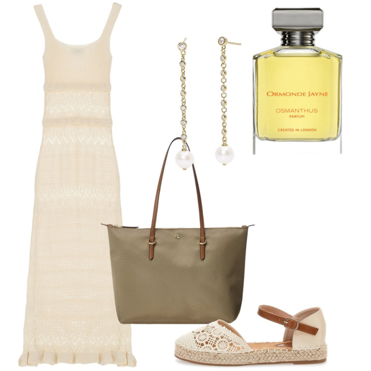 Outfit donna - Ecrù. Stile Bon Ton per Tutti i giorni. Abbinamento con orecchini, vestiti midi/longuette, profumi, borse tote, espadrillas.