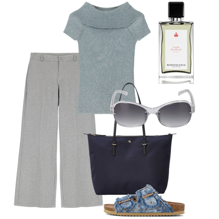 Outfit donna - Giugno. Stile Casual chic per Ufficio. Abbinamento con profumi, pantaloni a palazzo, pullovers, borse tote, sandali, occhiali da sole.
