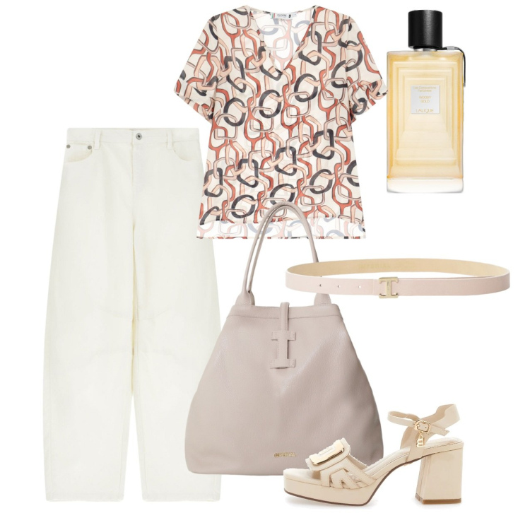 Outfit donna - Giugno. Stile Casual chic per Tutti i giorni. Abbinamento con profumi, cinture, borse tote, jeans, t-shirt, sandali col tacco.