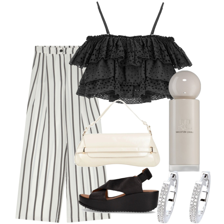 Outfit donna - Cena fuori. Stile Chic per Serata fuori. Abbinamento con borse a mano, profumi, orecchini, pantaloni, top, sandali.