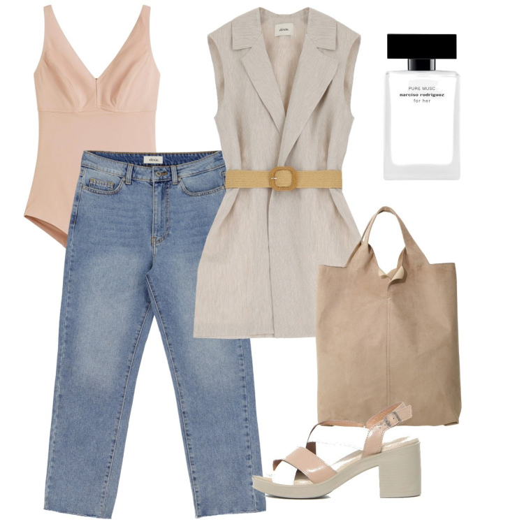 Outfit donna - Giugno. Stile Bon Ton per Ufficio. Abbinamento con body, profumi, jeans slim fit, shopping bag, gilet, sandali col tacco.
