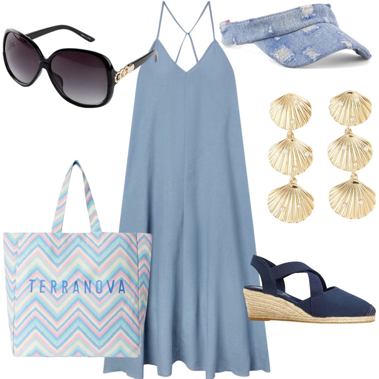Outfit donna - L abito color del mare sul lungomare. Stile Trendy per Mare. Abbinamento con sandali col tacco, occhiali da sole, orecchini, vestiti lunghi, borse tote, cappelli con visiera.