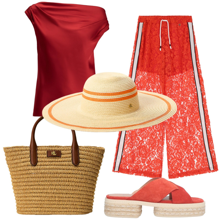 Outfit donna - Dinner on the beach. Stile Glamour per Mare. Abbinamento con espadrillas, pantaloni, top, borse tote, cappelli.
