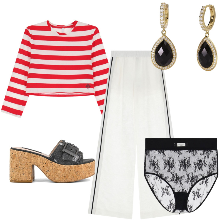 Outfit donna - Marinaretta chic. Stile Casual chic per Mare. Abbinamento con orecchini, pantaloni a palazzo, slip, t-shirt, sandali.