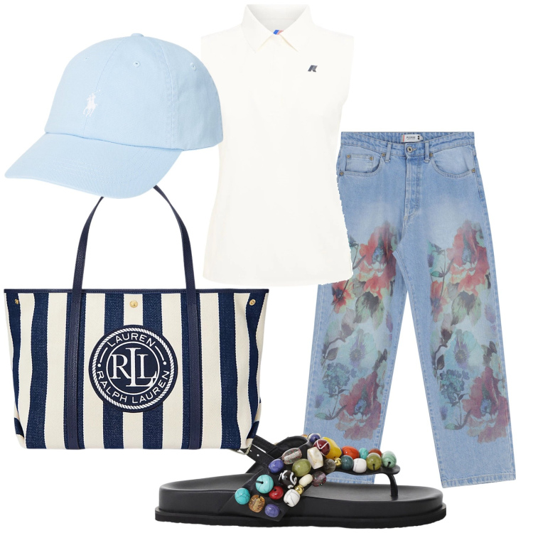 Outfit donna - It s Summer. Stile Sporty chic per Tutti i giorni. Abbinamento con jeans dritti, sandali gioiello, cappelli, borse tote, polo.