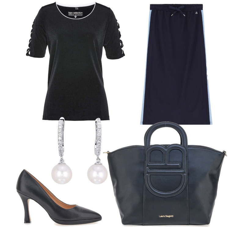 Outfit donna - Perle in ufficio. Stile Bon Ton per Ufficio. Abbinamento con maglieria, orecchini, gonne lunghe, décolleté, borse a tracolla.