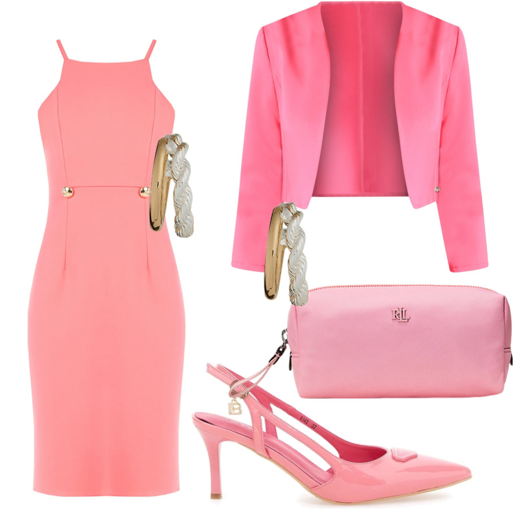 Outfit donna - Invitata in rosa. Stile Chic per Cerimonia. Abbinamento con vestiti, bolero, orecchini, pochette, décolleté.