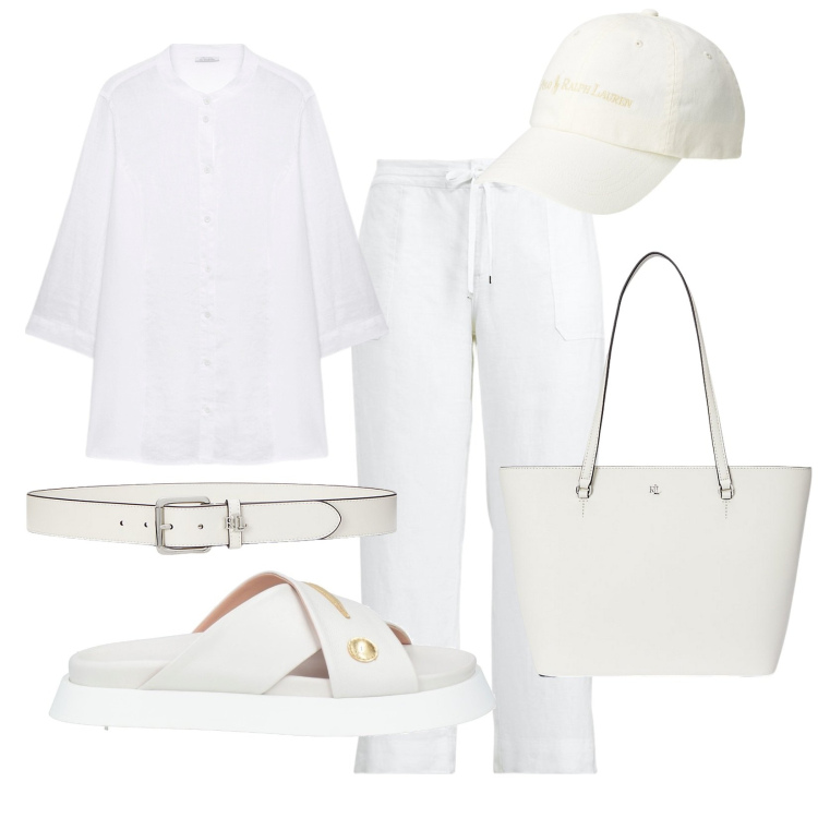 Outfit donna - Total White. Stile Casual chic per Tutti i giorni. Abbinamento con sandali in pelle, borse tote, pantaloni, cinture, cappelli, camicie.