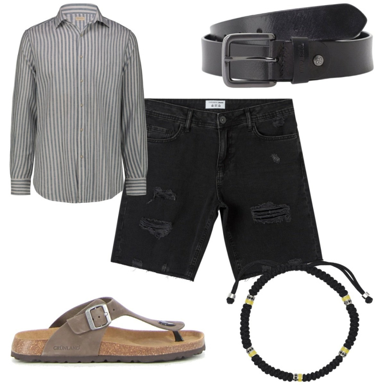 Outfit uomo - Shorts sartoriali in città. Stile Trendy per Tutti i giorni. Abbinamento con shorts, braccialetti, cinture, sandali, camicie.