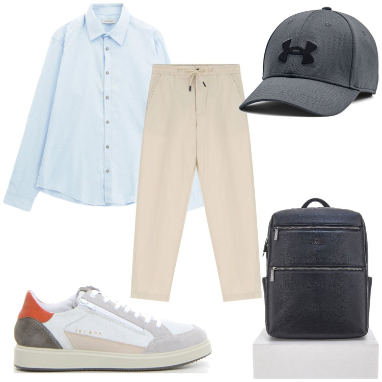 Outfit uomo - Scarpe chiare per l\'estate. Stile Trendy per Tutti i giorni. Abbinamento con pantaloni chino, camicie, cappelli, borse sportive, sneakers.