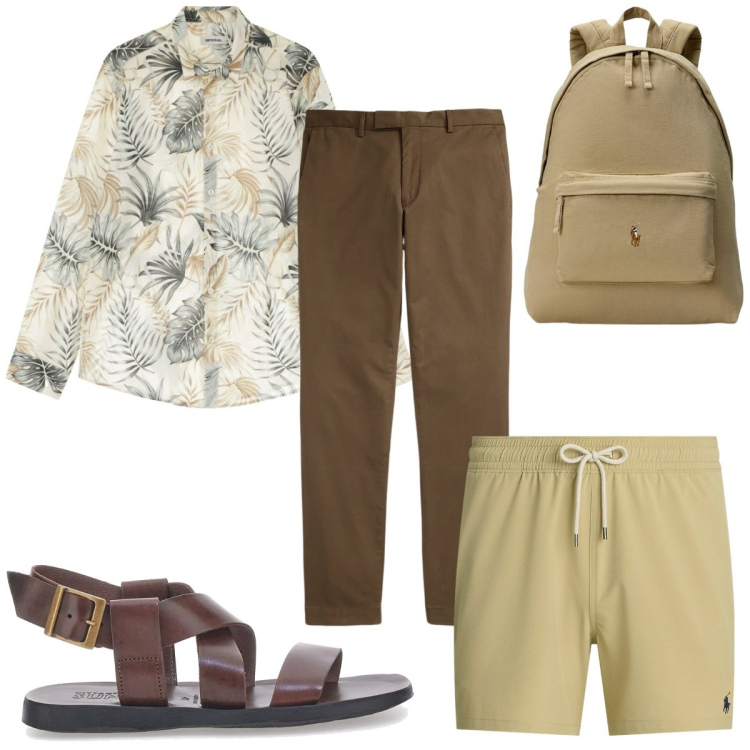 Outfit uomo - Sandali in pelle e sei in vacanza. Stile Trendy per Mare. Abbinamento con camicie, pantaloni chino, borse sportive, costumi, sandali.