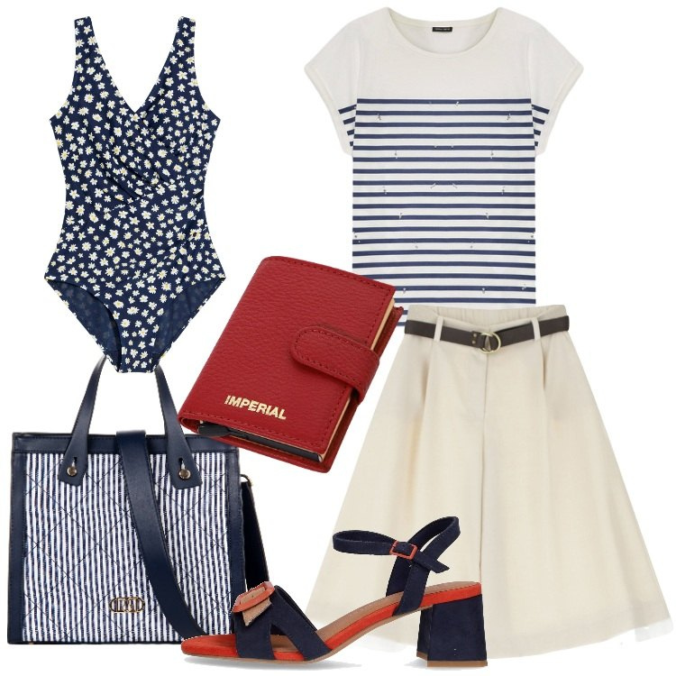 Outfit donna - Riviera Look. Stile Bon Ton per Mare. Abbinamento con costumi interi, shopping bag, pantaloni corti, portafogli, t-shirt, sandali col tacco.