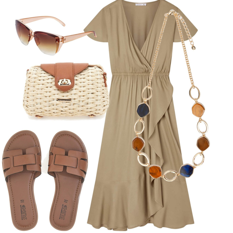 Outfit donna - City. Stile Casual per Tutti i giorni. Abbinamento con occhiali da sole, vestiti lunghi, collane, ciabatte, borse a tracolla.