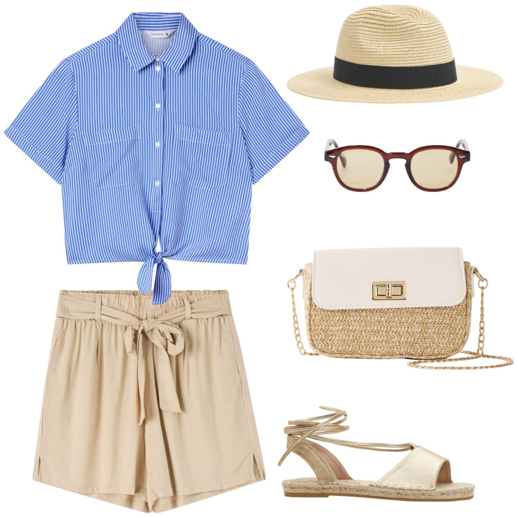 Outfit donna - Sotto al sole. Stile Casual per Tutti i giorni. Abbinamento con sandali, shopping bag, camicie a manica corta, cappelli, shorts, occhiali da sole.