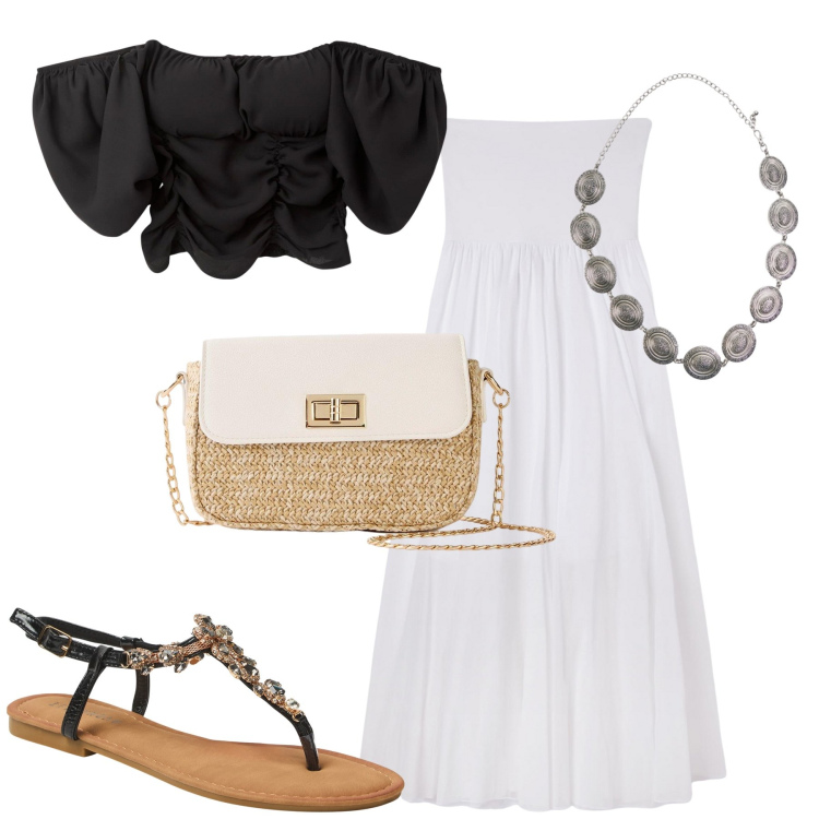 Outfit donna - Al mare. Stile Casual per Mare. Abbinamento con shopping bag, bluse, gonne lunghe, sandali gioiello, cinture.