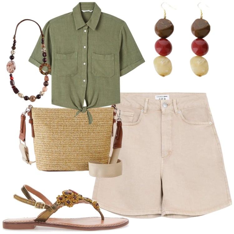 Outfit donna - Giugno. Stile Casual per Tutti i giorni. Abbinamento con borse a tracolla, bermuda, camicie a manica corta, orecchini, sandali gioiello, collane.
