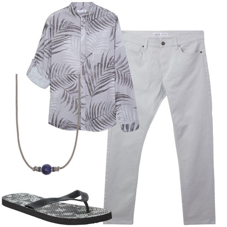 Outfit uomo - La camicia tropical per la città. Stile Trendy per Tutti i giorni. Abbinamento con sandali, pantaloni skinny, camicie, collane.