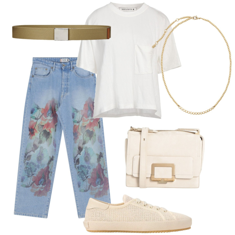 Outfit donna - I jeans floreali. Stile Casual per Tutti i giorni. Abbinamento con borse a tracolla, t-shirt, jeans dritti, sneakers, cinture, collane.