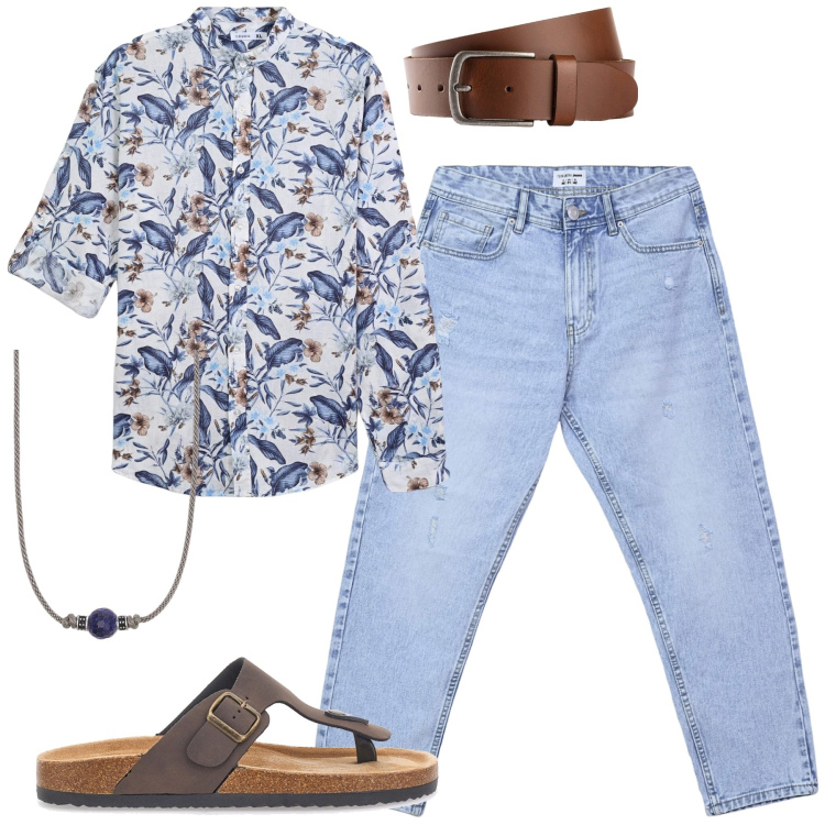 Outfit uomo - Tropical. Stile Trendy per Tutti i giorni. Abbinamento con cinture, camicie, jeans strappati, collane, sandali.