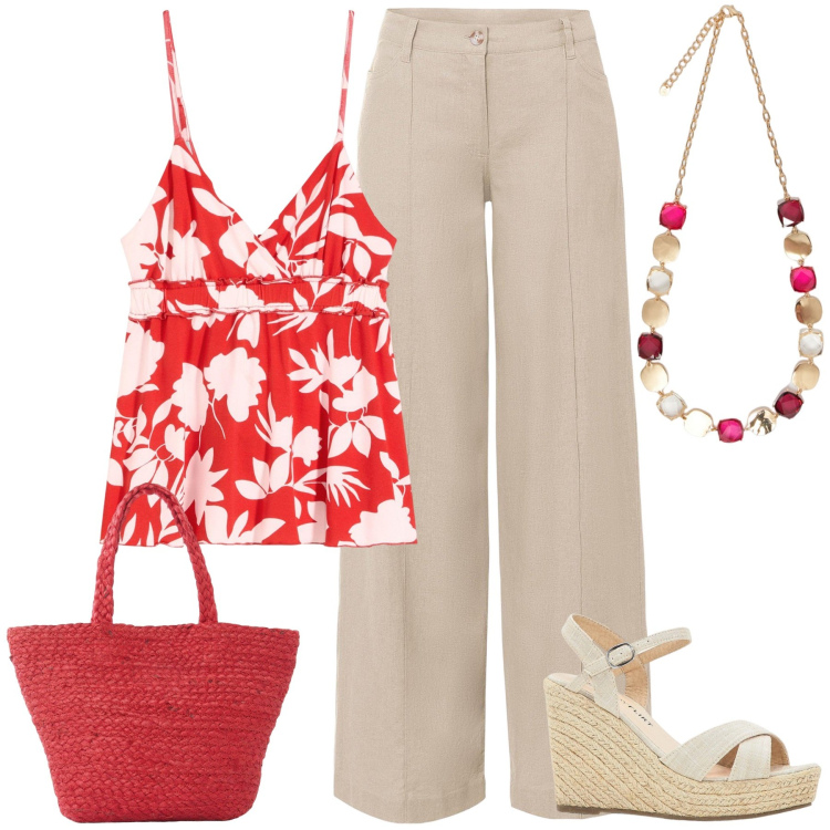 Outfit donna - City. Stile Urban per Tutti i giorni. Abbinamento con sandali, pantaloni a palazzo, top, shopping bag, collane.
