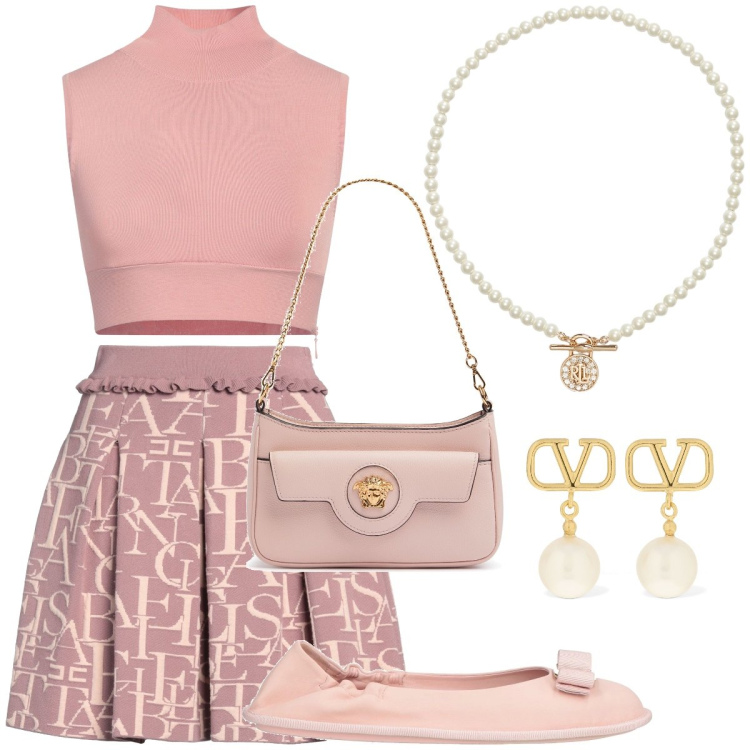 Outfit donna - Pink lady. Stile Chic per Tutti i giorni. Abbinamento con minigonne, top, ballerine, ciondoli, orecchini, borse a spalla.