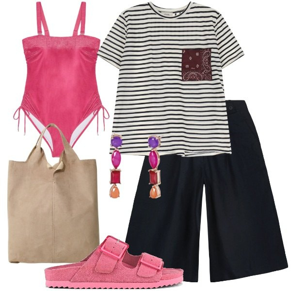Outfit donna - Riviera Look. Stile Vintage retrò per Mare. Abbinamento con orecchini, t-shirt, shopping bag, costumi interi, bermuda, sandali.