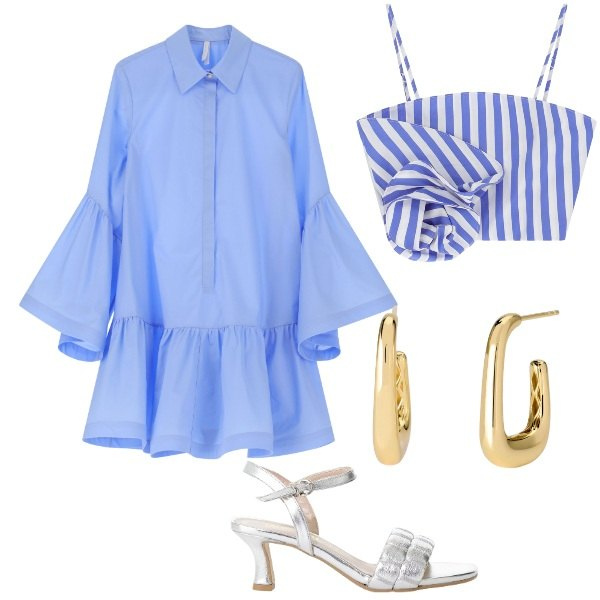Outfit donna - Riviera Look. Stile Vintage retrò per Mare. Abbinamento con orecchini, canottiere, sandali col tacco, vestiti chemisier.