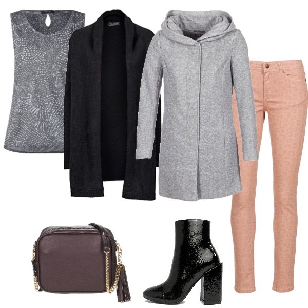 Outfit donna - Basic #20496. Stile Basic per Tutti i giorni. Abbinamento con cardigans, cappotti, pantalone rosa, borsa a tracolla, canottiera grigio, stivaletti effetto vernice con zip e punta smussata nero.