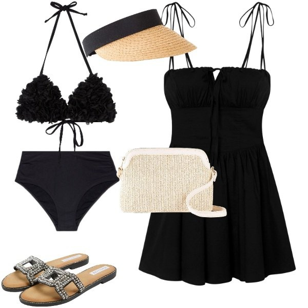 Outfit donna - Riviera Look. Stile Vintage retrò per Mare. Abbinamento con borse a tracolla, cappelli con visiera, vestiti corti, ciabatte, bikini, bikini.