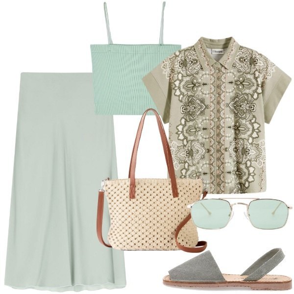 Outfit donna - Relax. Stile Basic per Mare. Abbinamento con camicie, borse a mano, occhiali da sole, gonne lunghe, canottiere, sandali in pelle.