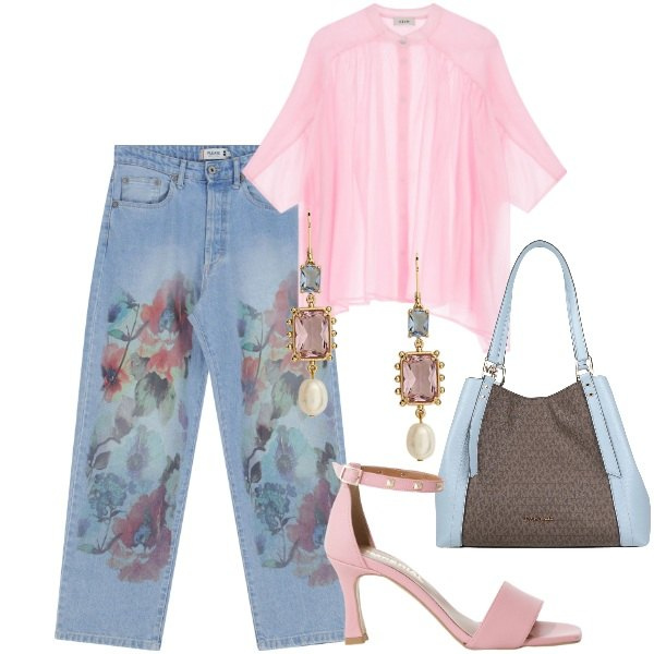 Outfit donna - Pennellate di colore sui jeans. Stile Trendy per Serata fuori. Abbinamento con borse a mano, jeans dritti, sandali col tacco, camicie, orecchini.
