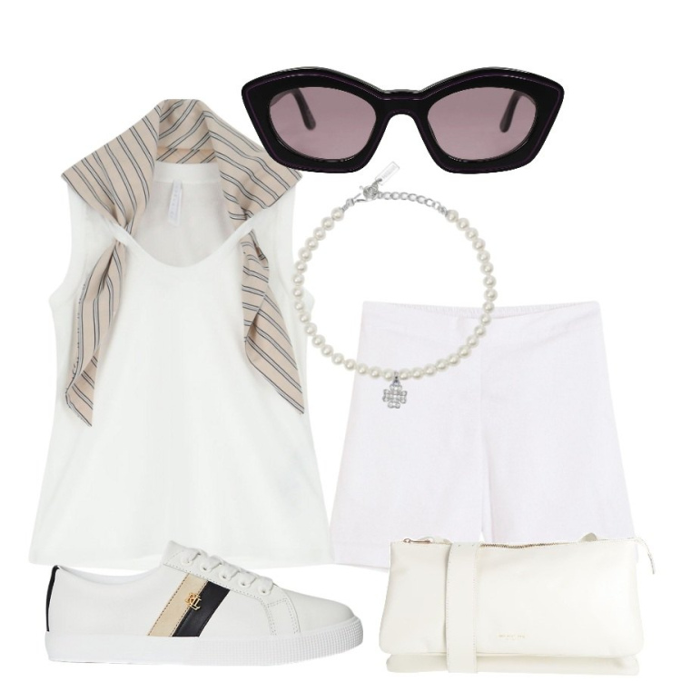 Outfit donna - Passeggiata. Stile Minimal per Tutti i giorni. Abbinamento con shorts, occhiali da sole, borse a tracolla, braccialetti con ciondoli, top, sneakers.