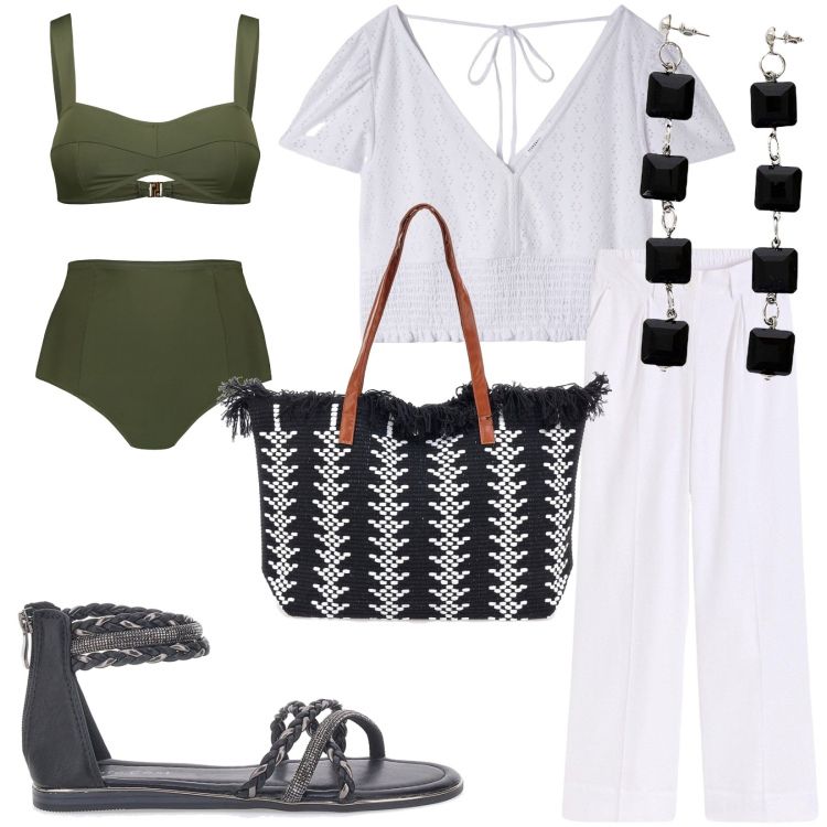 Outfit donna - Total look #2183249. Stile Casual per Mare. Abbinamento con pantaloni a palazzo, bluse, orecchini, bikini, sandali, borse a spalla.