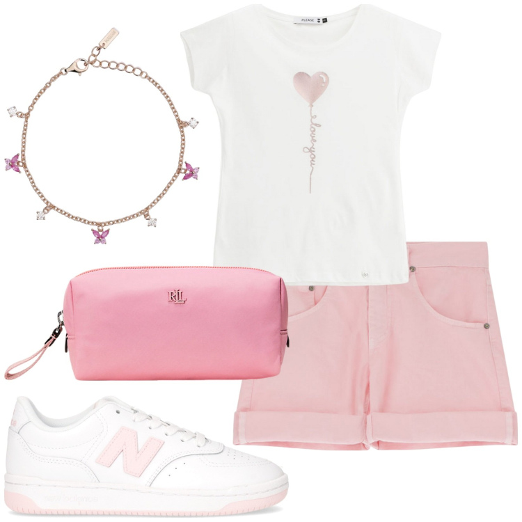 Outfit donna - L\'estate è libertà. Stile Casual chic per Tutti i giorni. Abbinamento con braccialetti, shorts, t-shirt, pochette, sneakers.