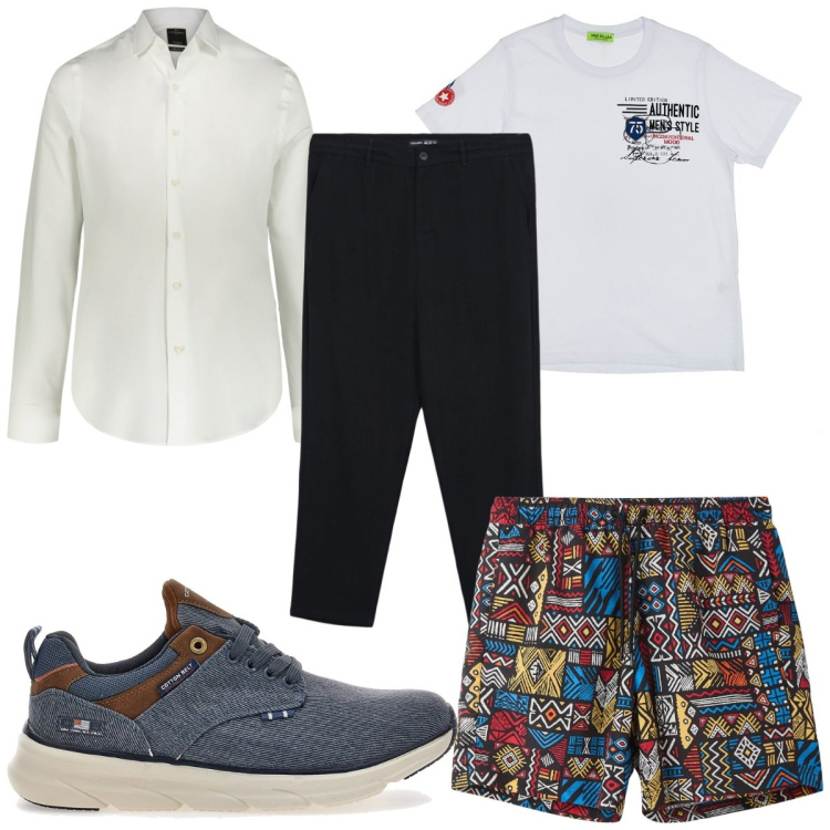 Outfit uomo - Total look #2183258. Stile Trendy per Mare. Abbinamento con costumi, pantaloni chino, sneakers, t-shirt, camicie.