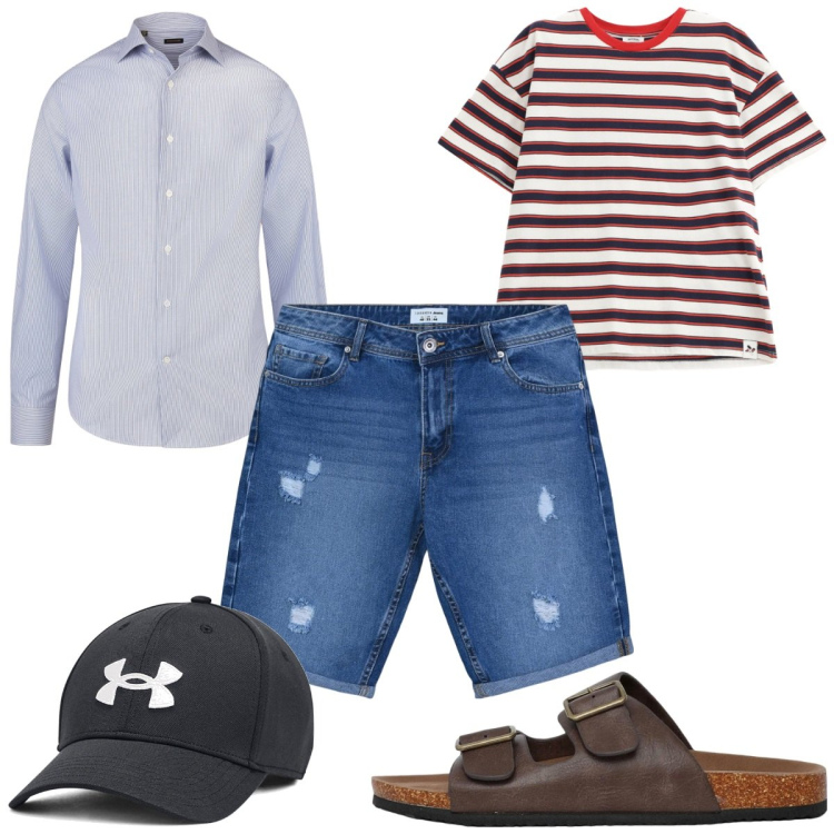 Outfit uomo - Total look #2183259. Stile Trendy per Tutti i giorni. Abbinamento con bermuda, sandali, t-shirt, cappelli, camicie.