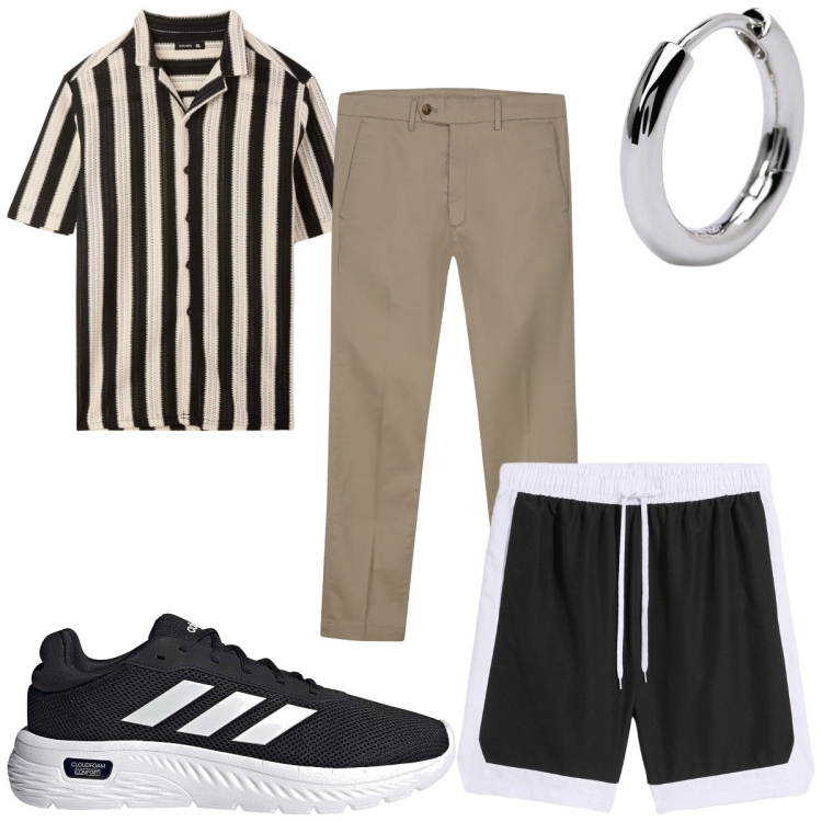 Outfit uomo - Total look #2183262. Stile Trendy per Mare. Abbinamento con costumi, camicie a manica corta, orecchini, pantaloni chino, sneakers.