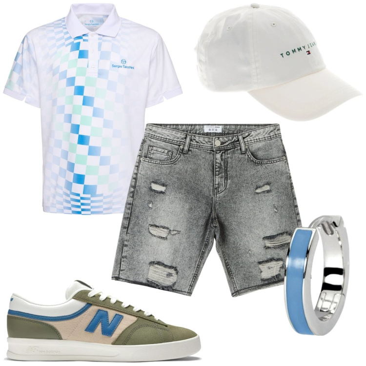 Outfit uomo - Total look #2183268. Stile Trendy per Tutti i giorni. Abbinamento con shorts, orecchini, sneakers, polo, cappelli.