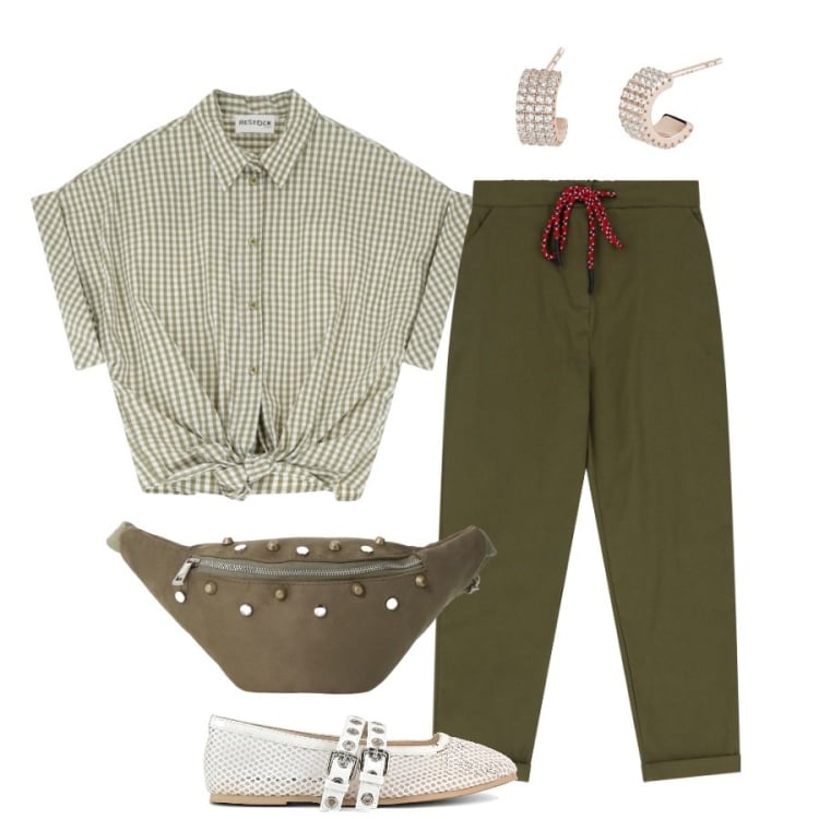 Outfit donna - In riviera nei toni del verde militare. Stile Casual chic per Tutti i giorni. Abbinamento con orecchini, marsupi, camicie, pantaloni chino, ballerine.