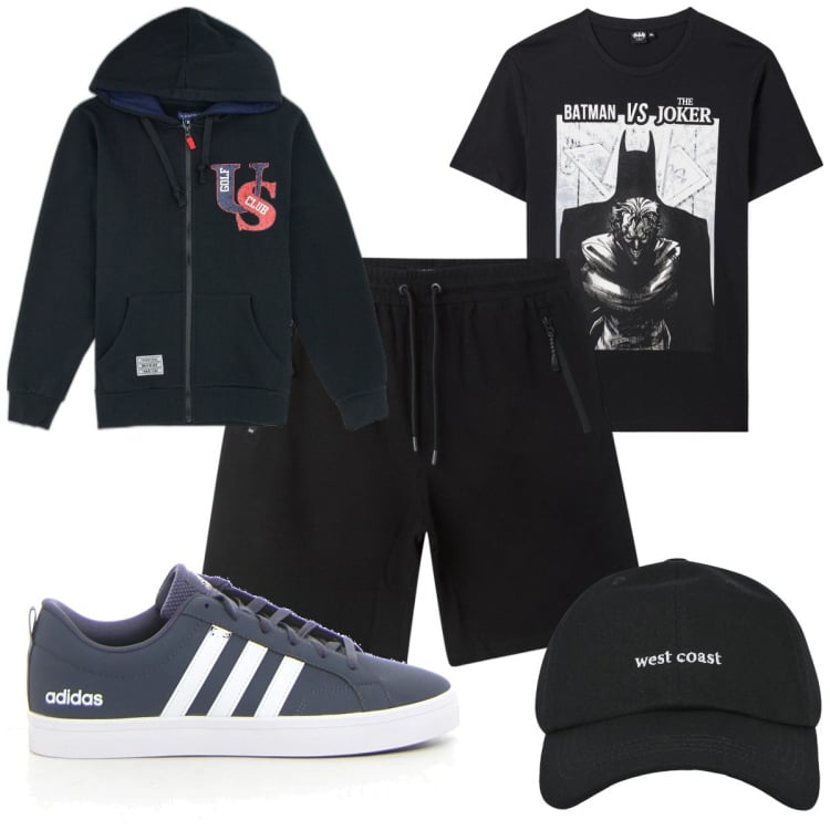 Outfit uomo - Total look #2183287. Stile Trendy per Tutti i giorni. Abbinamento con t-shirt, bermuda, cappelli con visiera, felpe con cappuccio, sneakers.