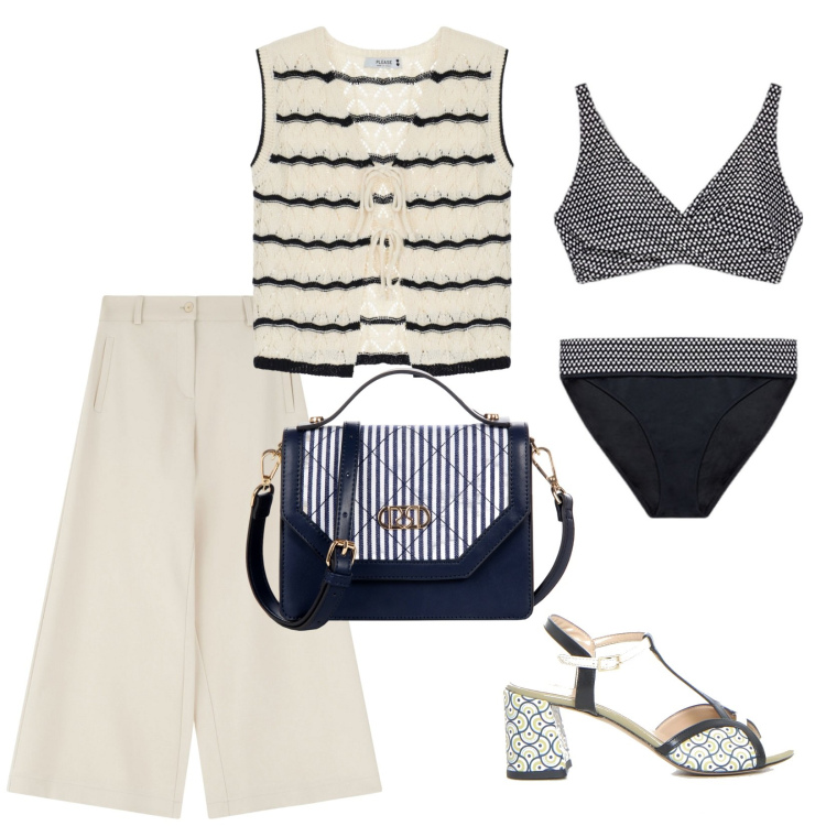 Outfit donna - Riviera look. per Mare. Abbinamento con borse a mano, top, pantaloni a palazzo, bikini, sandali col tacco.