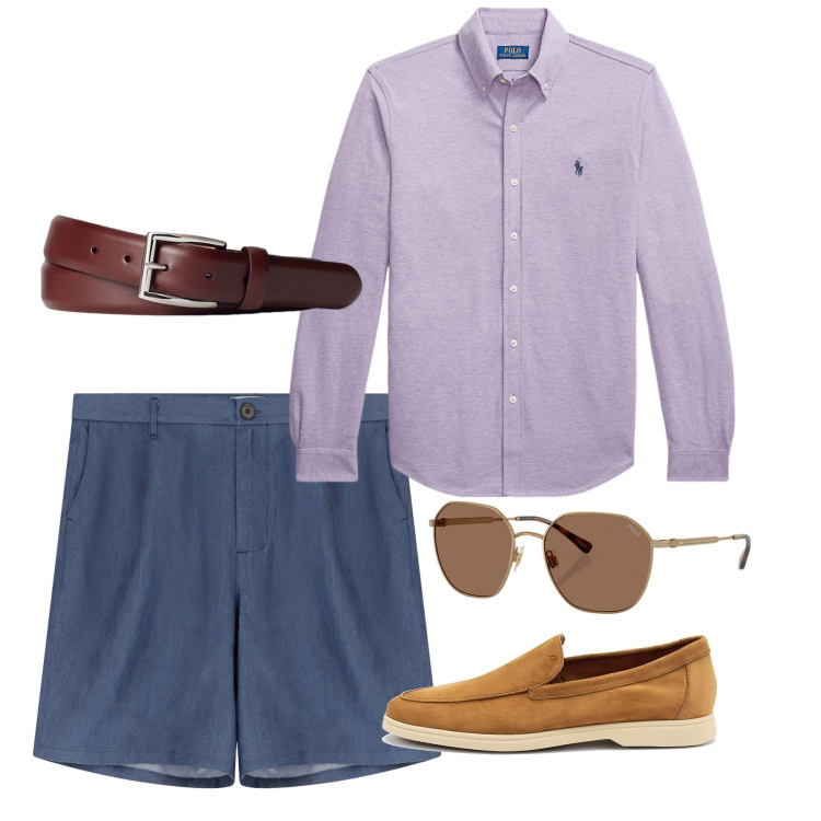 Outfit uomo - Weekend. Stile Casual per Tutti i giorni. Abbinamento con bermuda, cinture, occhiali da sole, camicie, scarpe stringate.