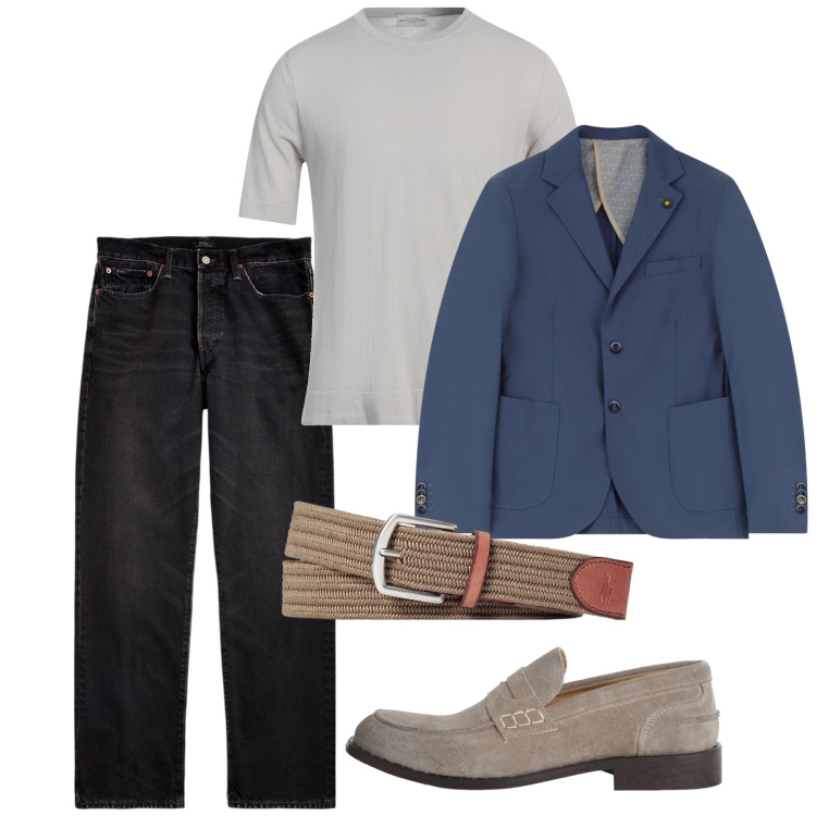 Outfit uomo - Giacca a giugno. Stile Casual per Serata speciale. Abbinamento con pullovers, giacche, scarpe stringate, cinture, jeans dritti.