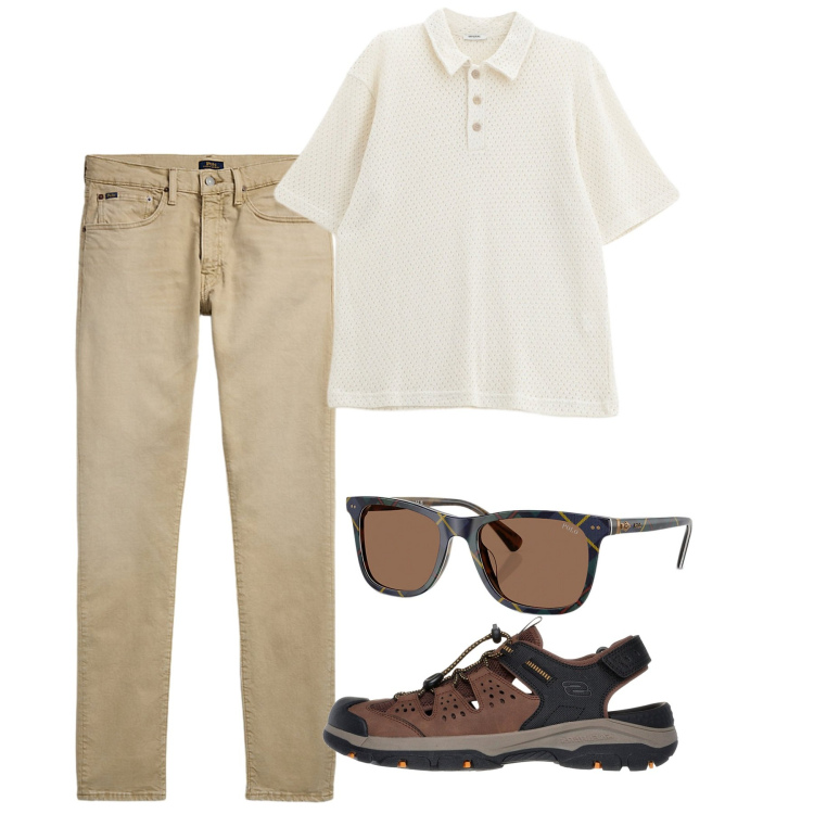 Outfit uomo - Casual giugno. Stile Casual per Tutti i giorni. Abbinamento con polo, jeans, occhiali da sole, sandali.