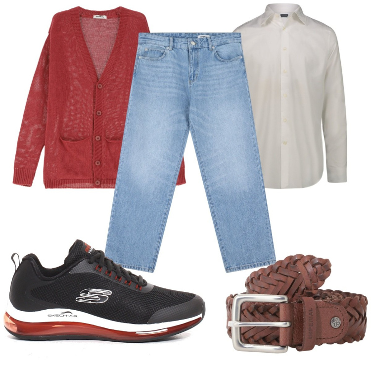 Outfit uomo - Total look #2183306. Stile Trendy per Tutti i giorni. Abbinamento con cardigans, jeans, cinture, camicie, sneakers.