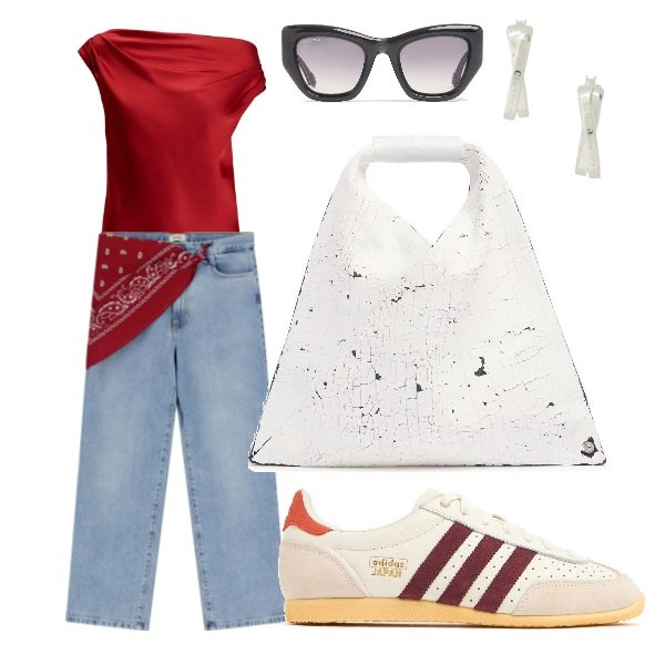 Outfit donna - la bandana. Stile Urban per Tutti i giorni. Abbinamento con jeans dritti, top, orecchini, sneakers, occhiali da sole, borse a mano.