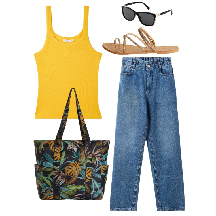 Outfit donna - In città. Stile Casual per Tutti i giorni. Abbinamento con occhiali da sole, canottiere, sandali, jeans, shopping bag.