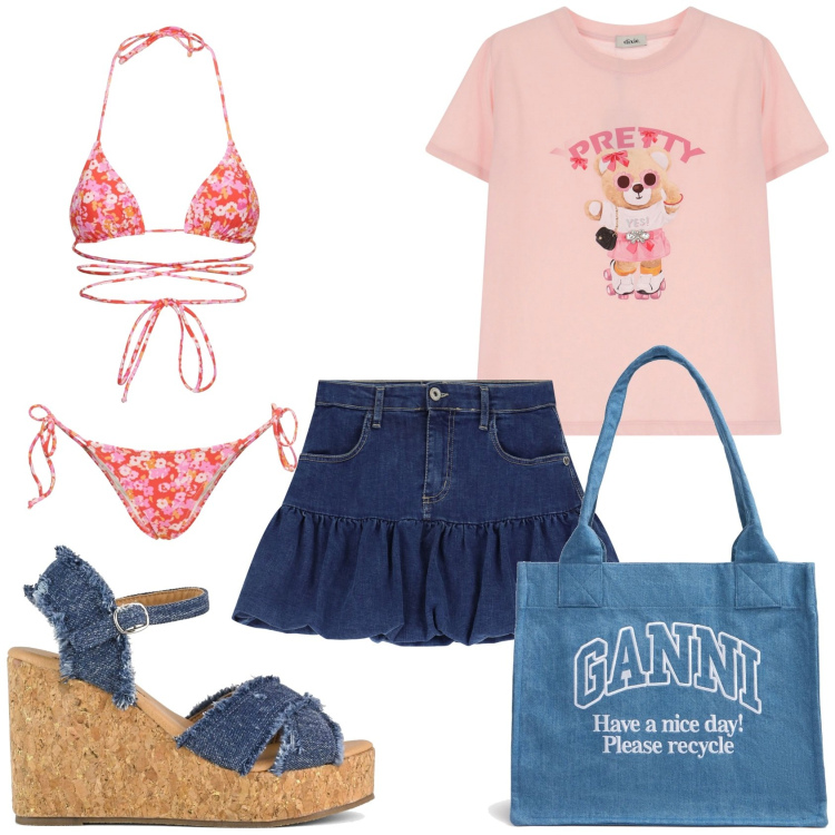 Outfit donna - Mare in minigonna. Stile Casual per Mare. Abbinamento con minigonne, t-shirt, zeppe, shopping bag, bikini.
